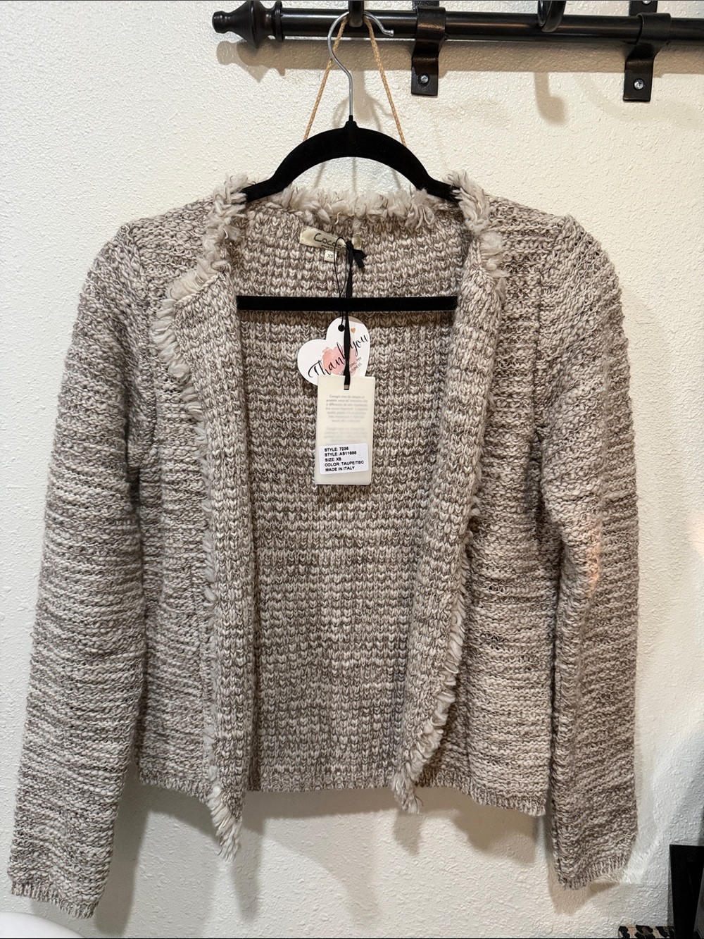 MADE IN ITALY 🇮🇹 Fringe-Trim Open Front Knit Cardigan in Light Taupe